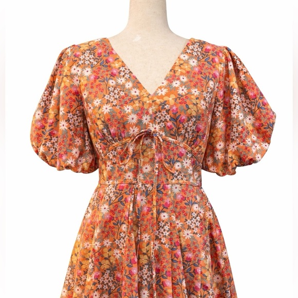 Fate bubble puff sleeve boho floral dress, underbust tie bow- S - Picture 9 of 10